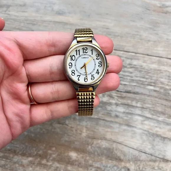 Carriage Gold Stretch Watch White Dial Arabic Numerals Classic Vintage Antique - Picture 5 of 9
